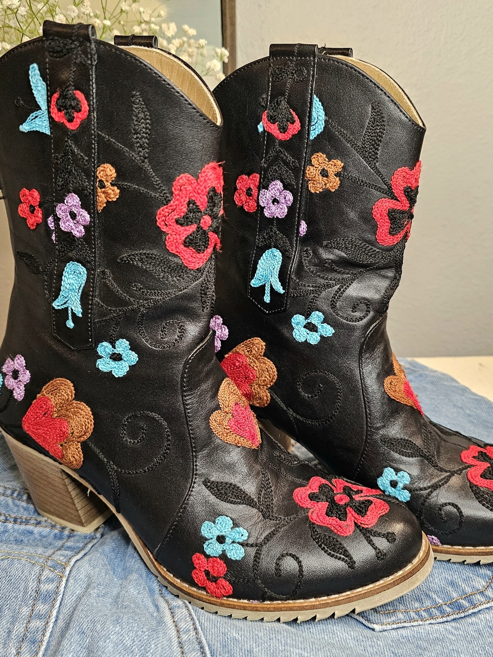 Black Embroidered Floral Western Boots - Women Artemis Bootie Artsy Handmade